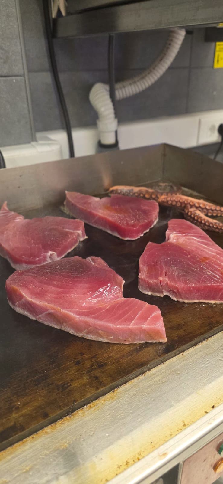 Tuna i hobotnica na roštilju Svježi odresci tune i hobotnica na roštilju – priprema ribe u kuhinji Oli Mare Poreč | fresh tuna steaks and octopus grill