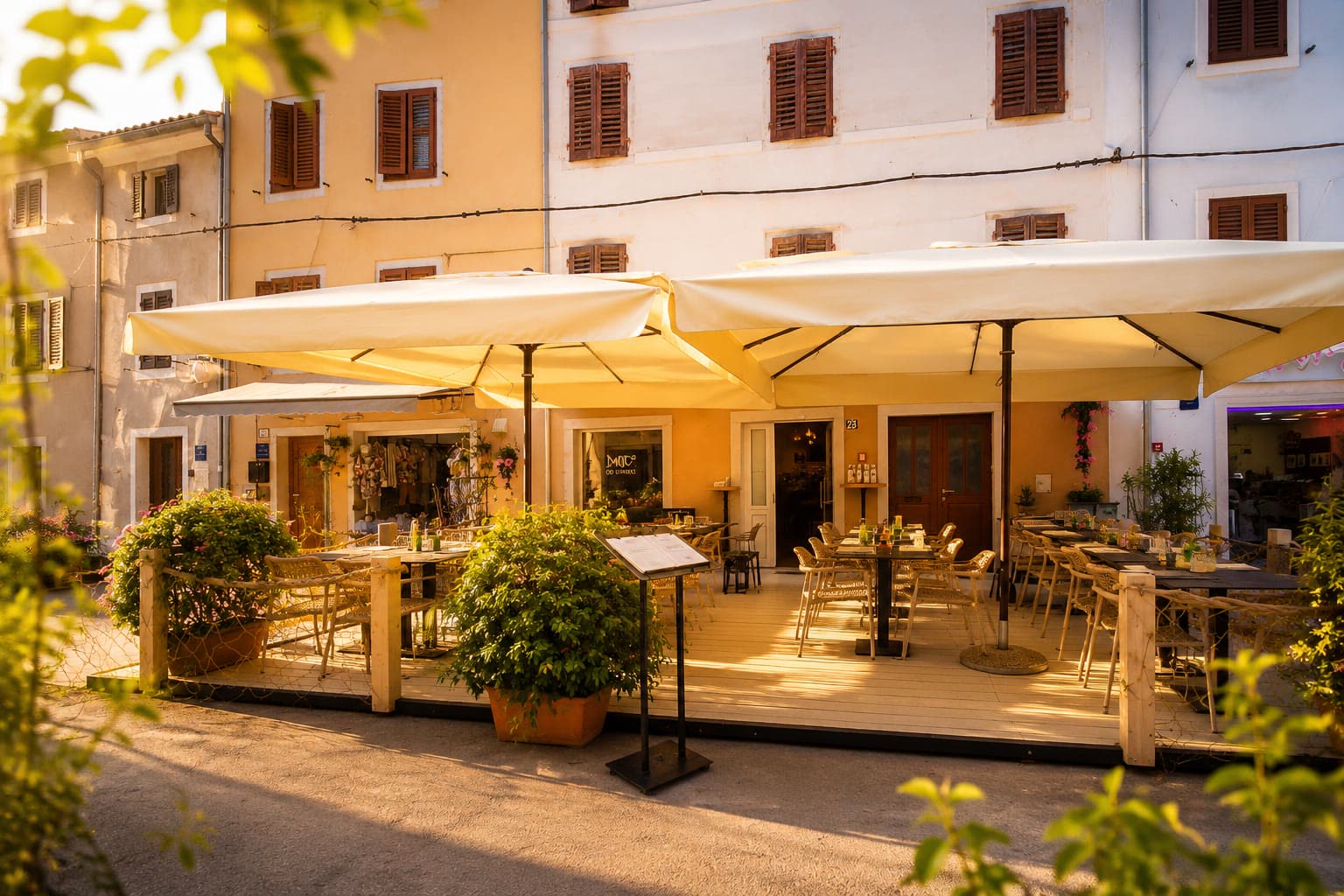 Terasa restorana Oli Mare – Poreč Terasa ribljeg restorana Oli Mare u Poreču na suncu – Bože Milanovića 25, ugodan ambijent za ručak i večeru | seafood restaurant terrace Porec Istria